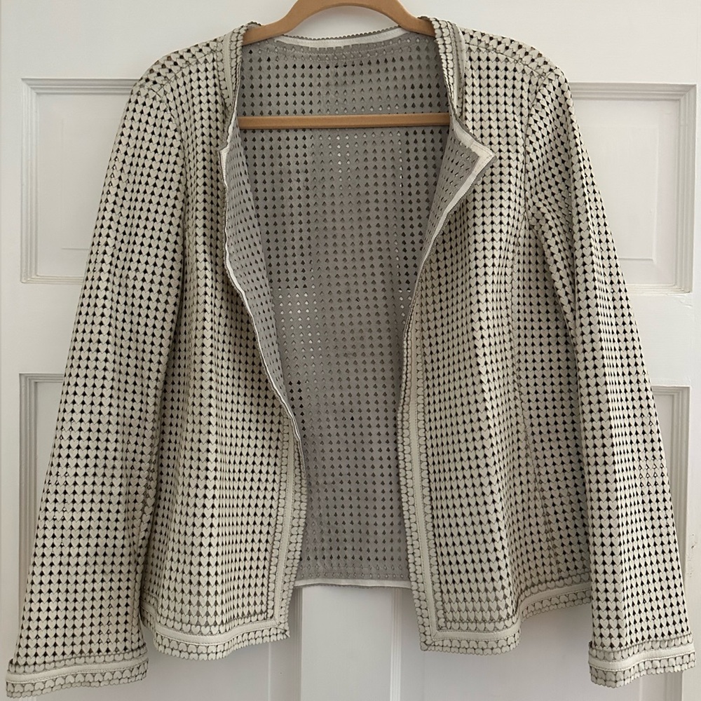 Tory Burch Anders Perforated Heart Leather Open Front Cardigan Jacket